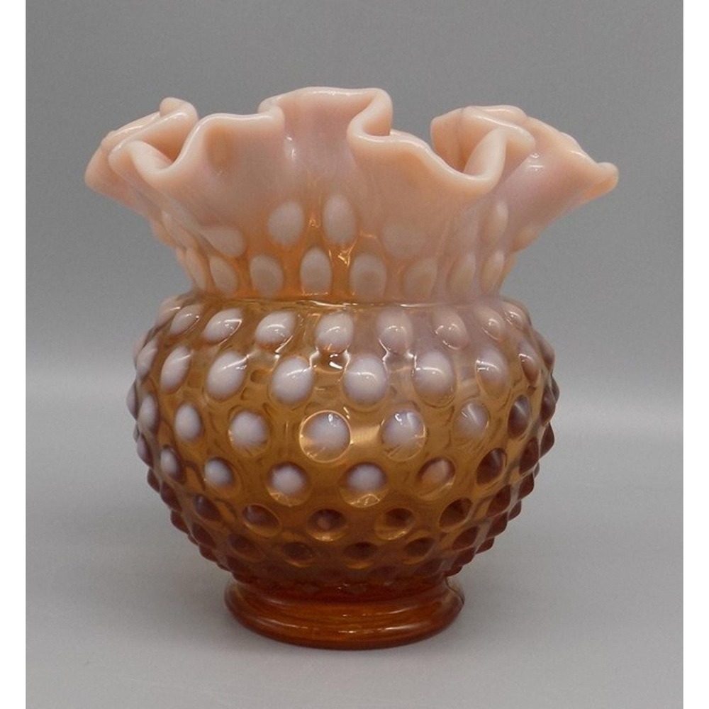 Vintage Fenton Caramel Rose Brown Hobnail Bowl Vase Signed Milk Glass Peach